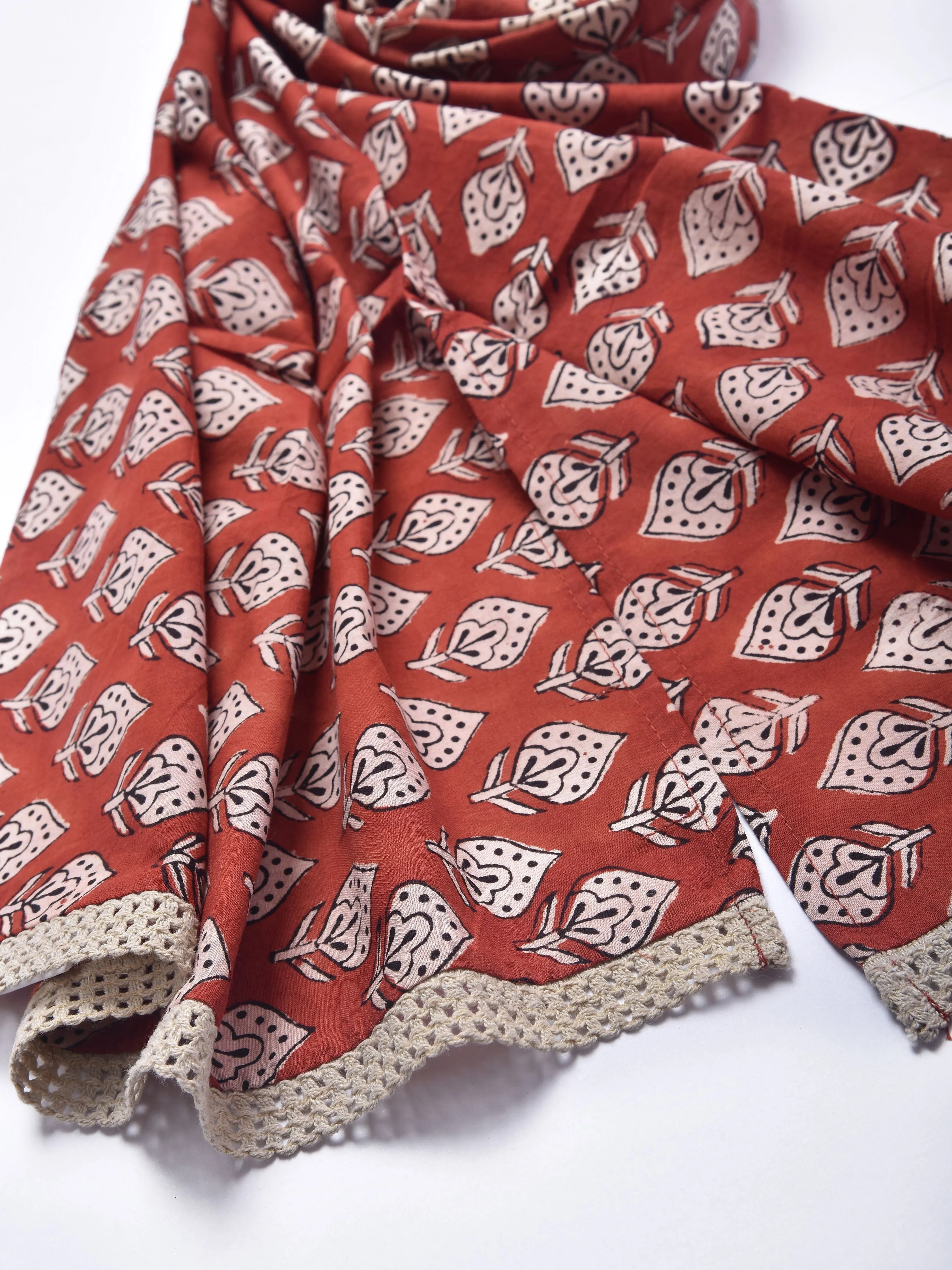 Rust Red Bagru Floral Print Cotton Stole