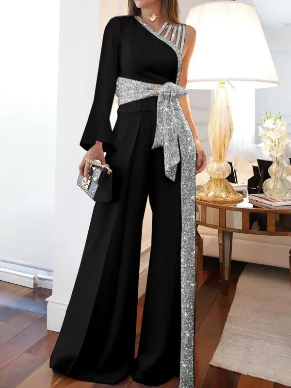 Sets One-Shoulder Lace-Up Top & Wide Leg Pants Shiny Two-Piece Set for Women