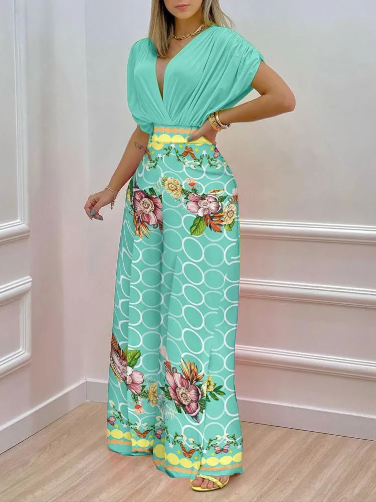 Sets Printed Doll Sleeve Top & Wide Leg Pants Two-Piece Set for Women