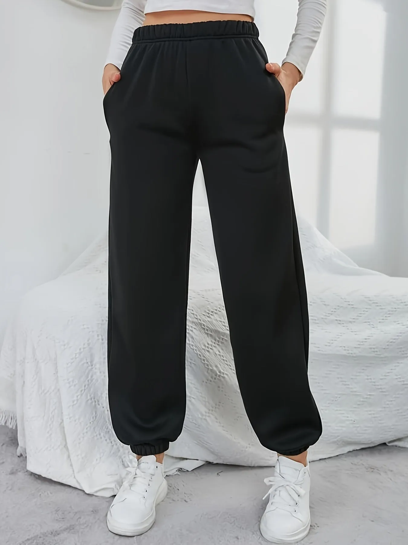 Simple Loose Pocket Casual High Waist Fashion Long Sweatpants