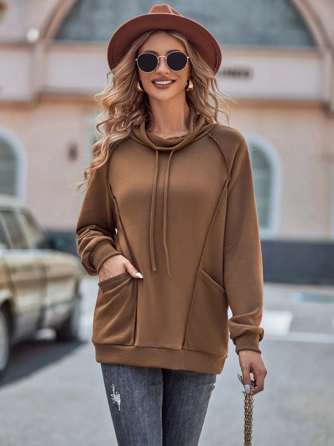 Solid Color Turtleneck Patchwork Loose Hoodie