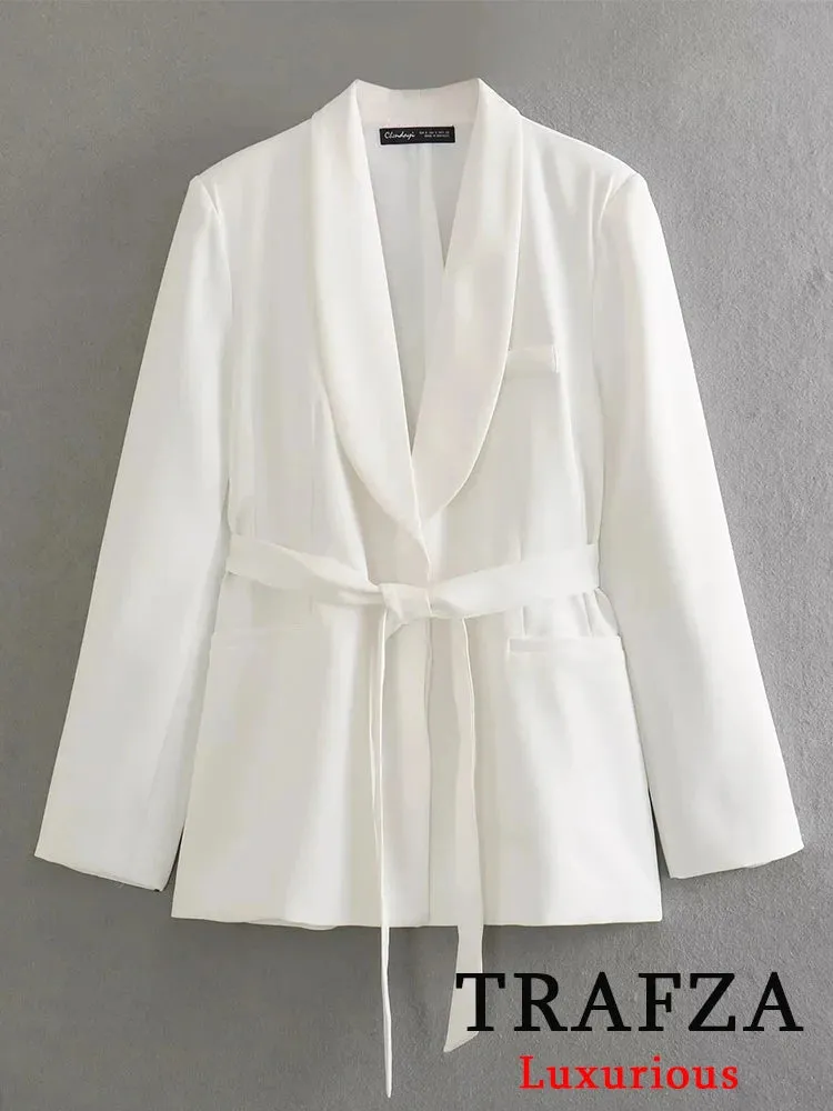 Solid White Blazer V Neck Oversized High Waist Wide Leg Pants Suit