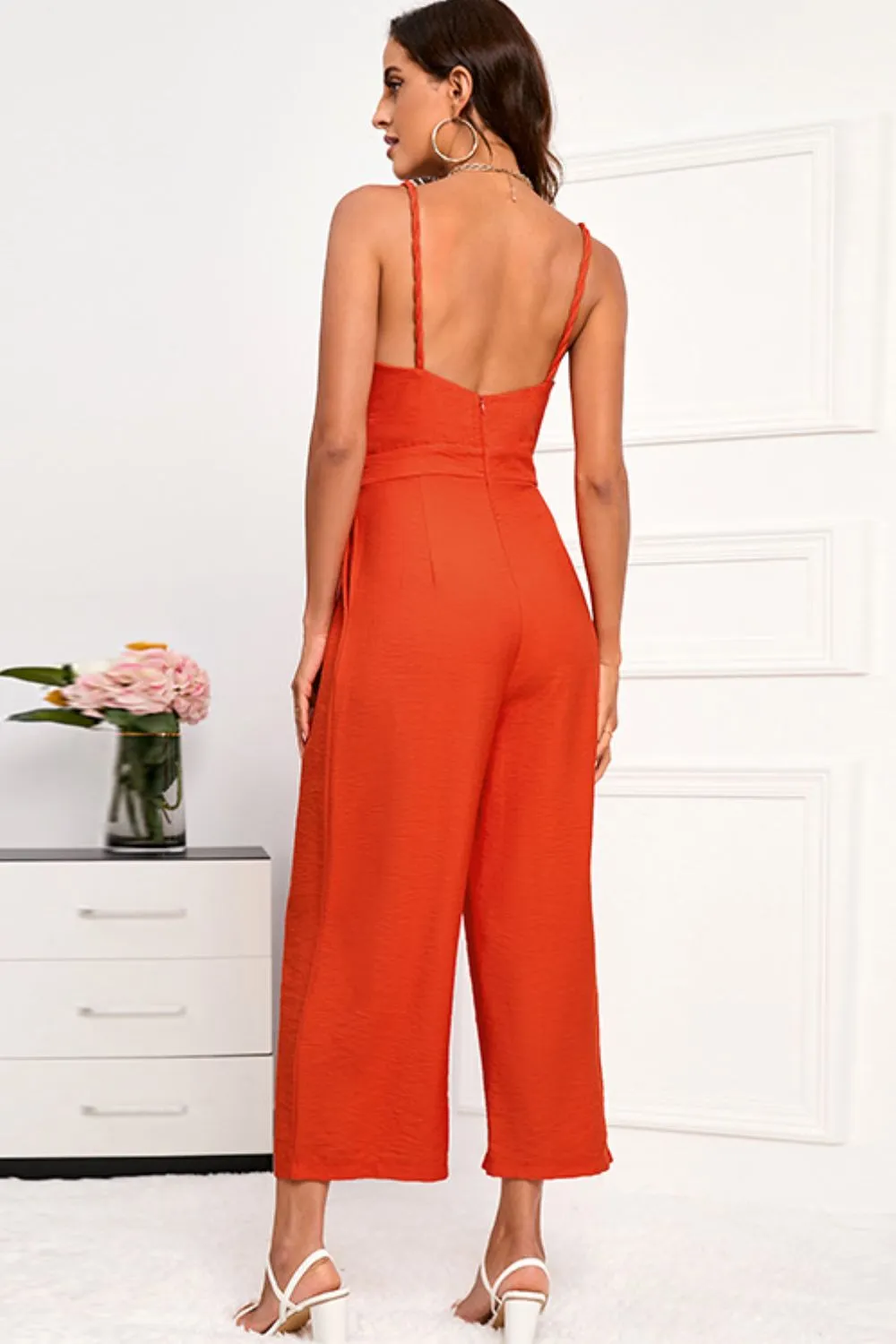 Spaghetti Strap Wide Leg Jumpsuit with Pockets