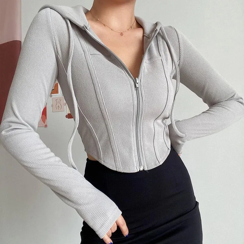 Streetwear Slim Fit Cropped Jacket Women Korean Fashion Long Sleeve Hooded Crop Top Woman Wild Ribbed Zipper Up Sweatshirt Mujer