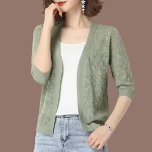 Summer Oversized Knit Cardigan Jackets Half Sleeve Lace Knitwears Coats Korean Elegant Trendy Hollow Out Sunscreen Tops