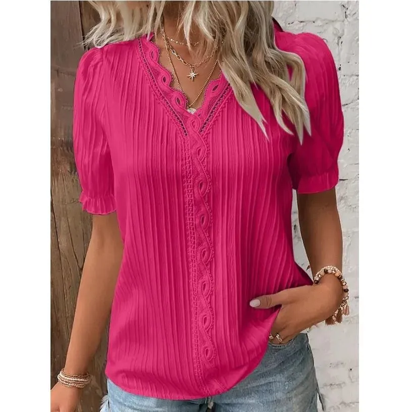 Summer Puff Sleeve Sweater with Hollow-out Design - Moda Blouse