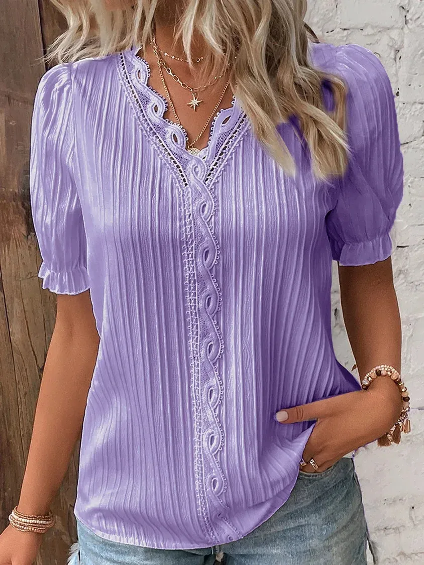 Summer Puff Sleeve Sweater with Hollow-out Design - Moda Blouse