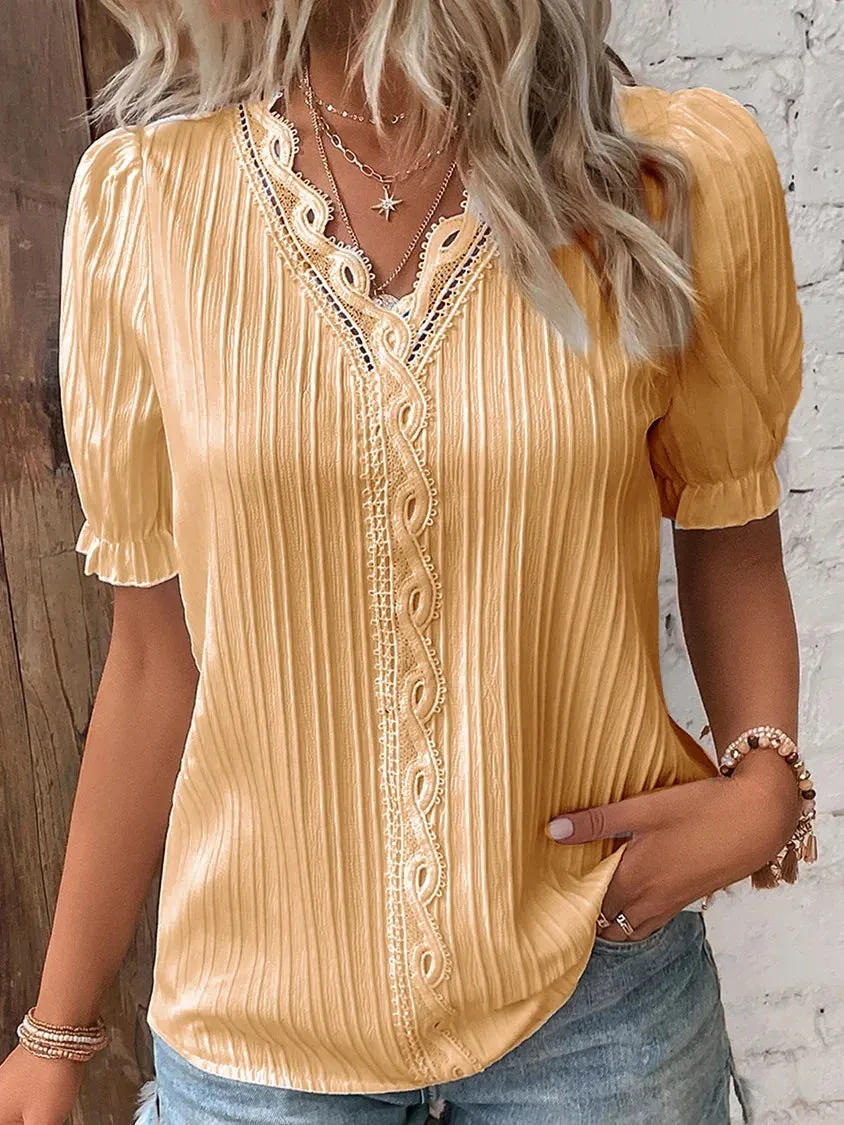 Summer Puff Sleeve Sweater with Hollow-out Design - Moda Blouse