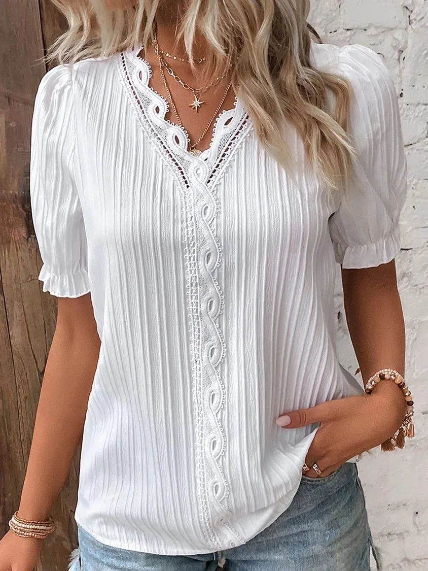 Summer Puff Sleeve Sweater with Hollow-out Design - Moda Blouse