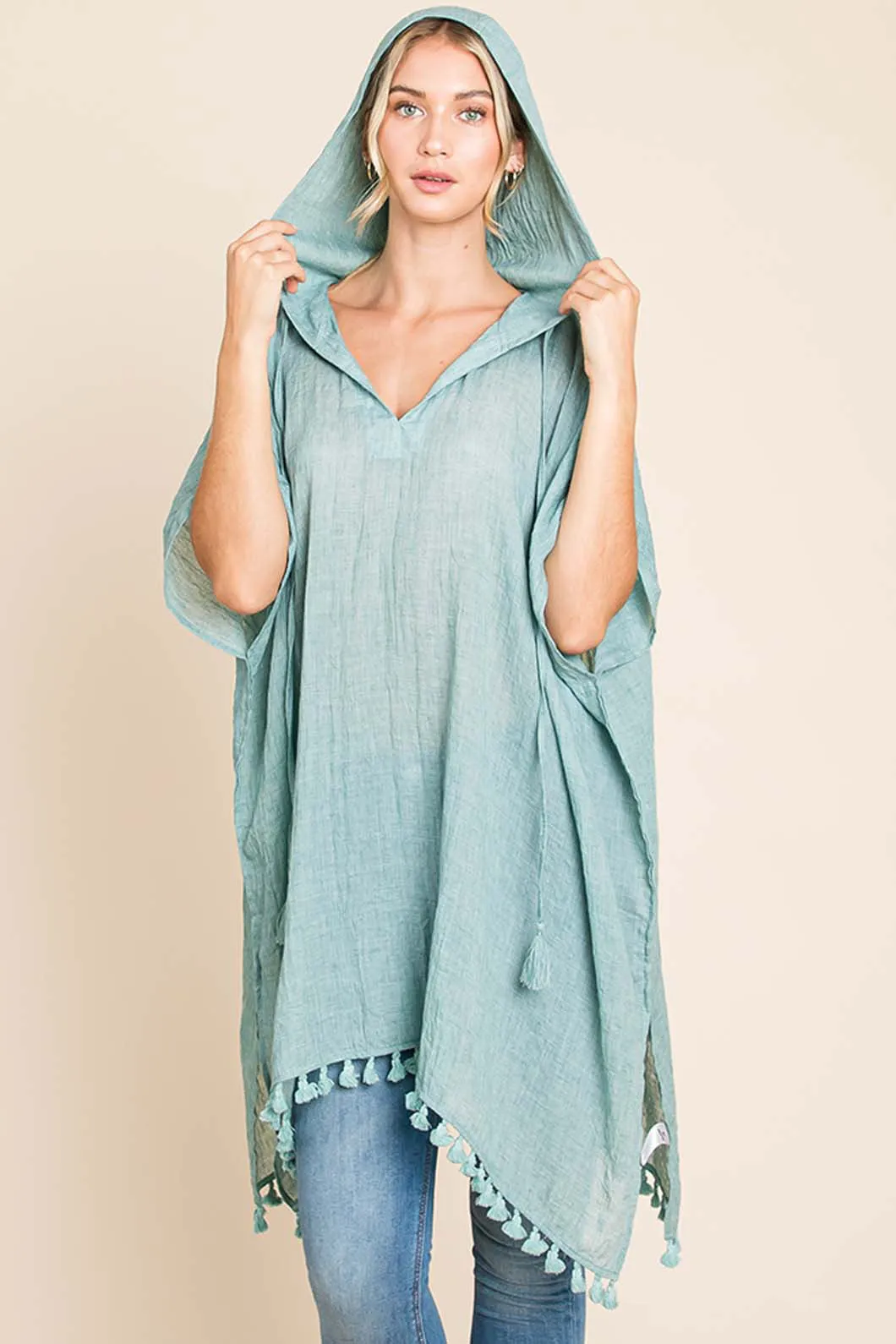 Tassel Hem Hooded Cover Up