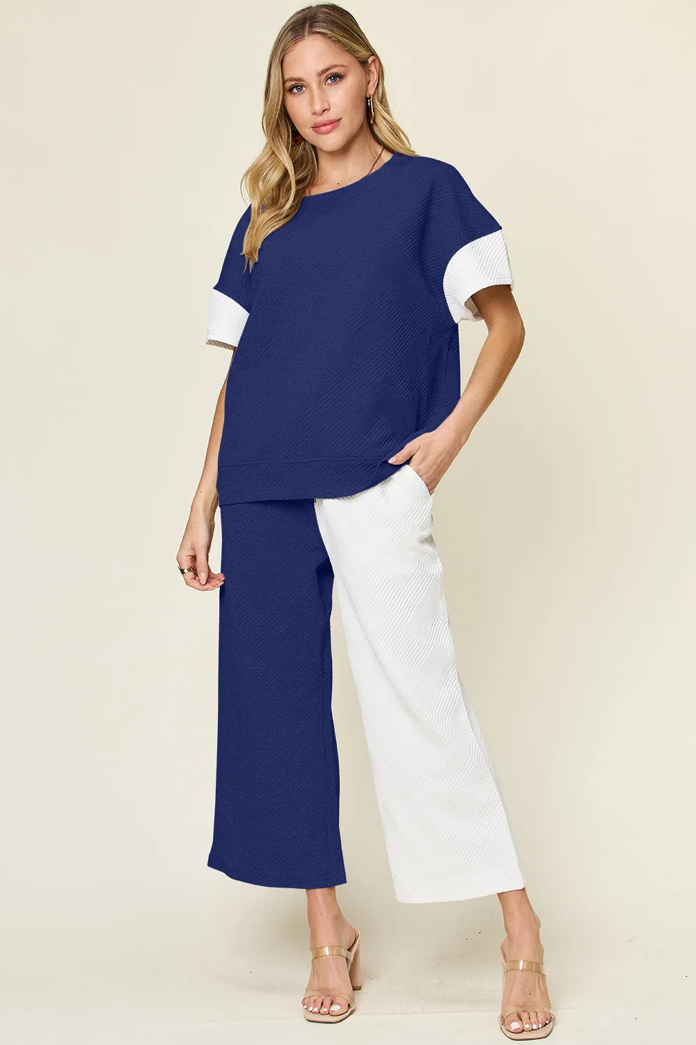 Texture Contrast T-Shirt and Wide Leg Pants Set