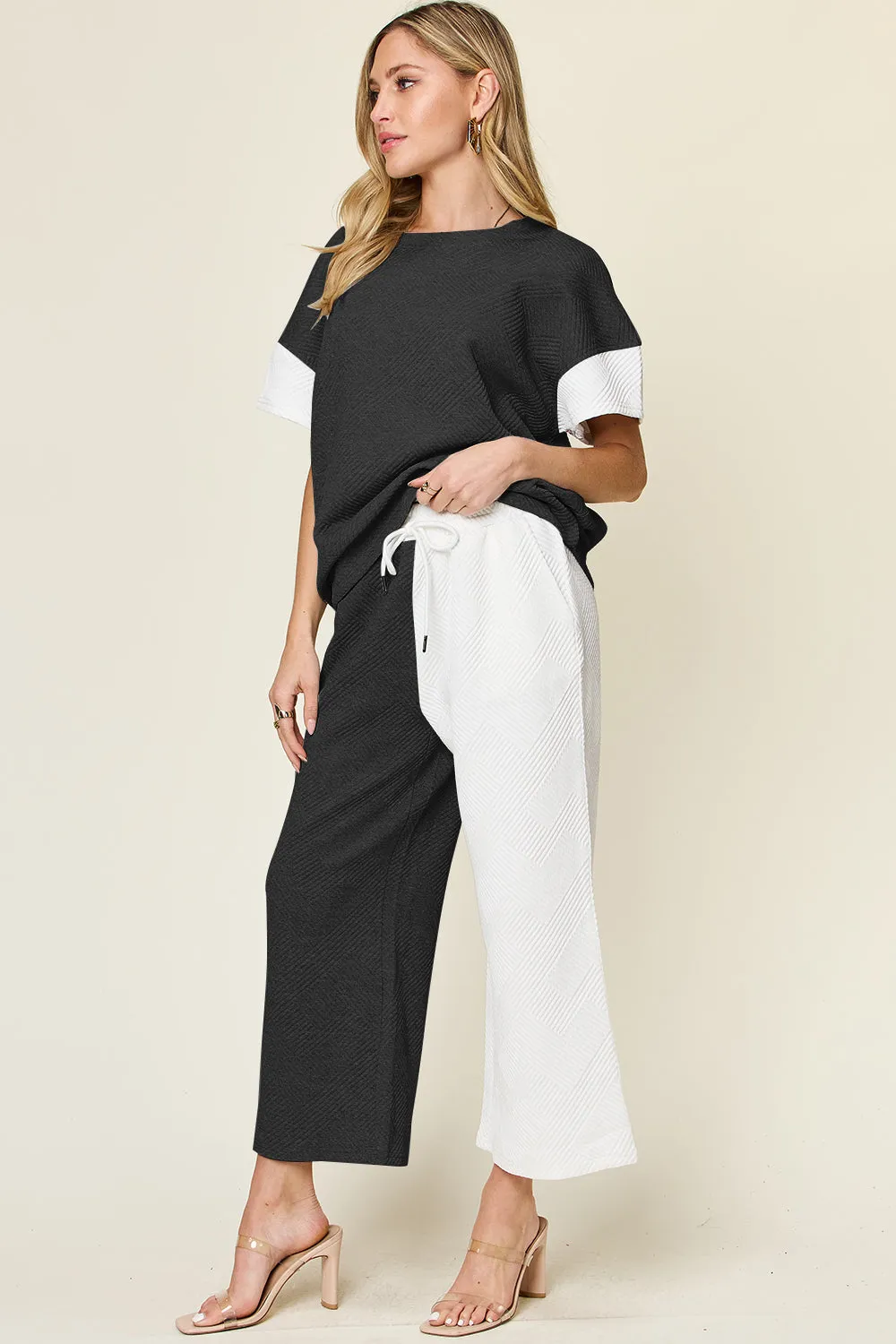 Texture Contrast T-Shirt and Wide Leg Pants Set