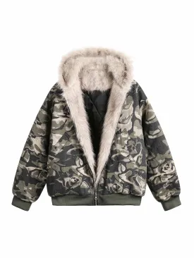 Thesupermade Camouflage Fur Hooded Jacket