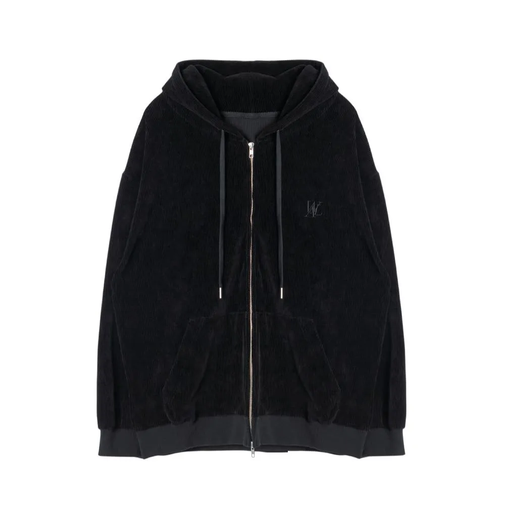 Velour corduroy hood zip-up black