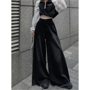 Vintage Black High Waist Wide Leg Striped Denim Trousers