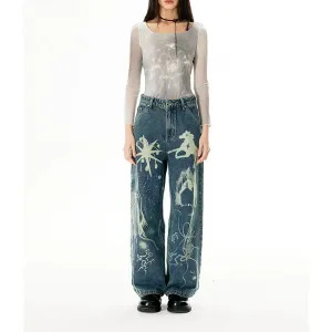 Vintage Blue Graphic Print High Waist Denim Pants for Women