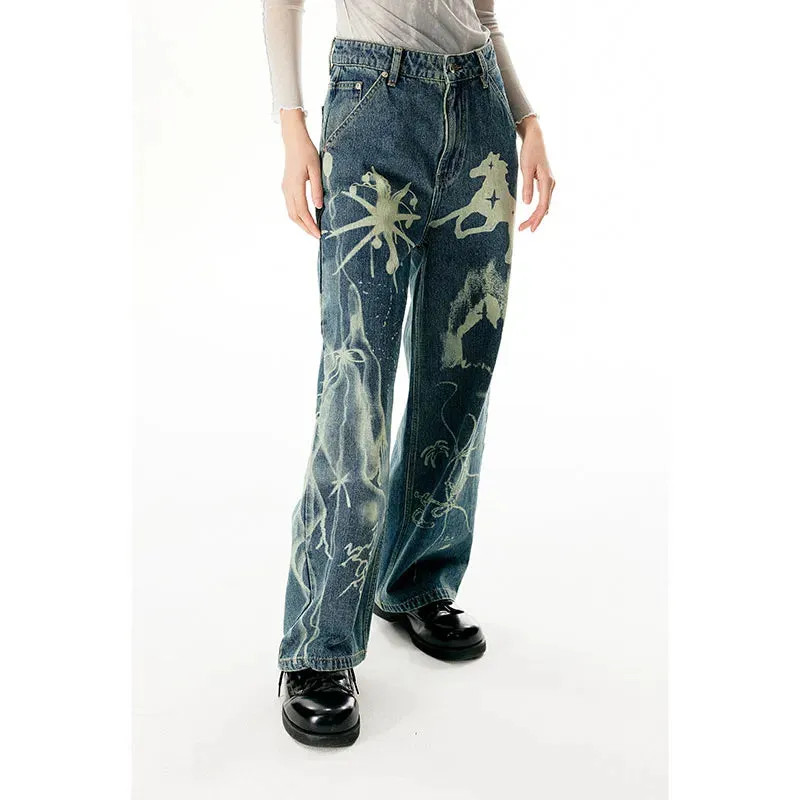 Vintage Blue Graphic Print High Waist Denim Pants for Women