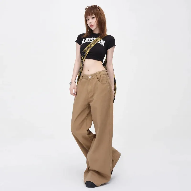 Vintage Brown Loose Wide Leg Mid-waist Flared Women Elegant Chic Jeans