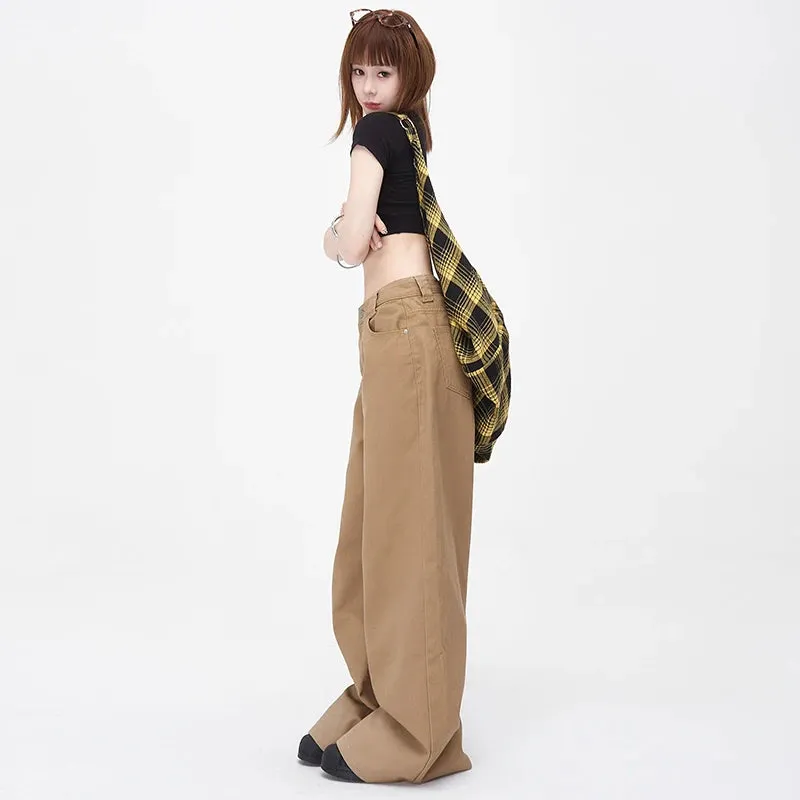 Vintage Brown Loose Wide Leg Mid-waist Flared Women Elegant Chic Jeans