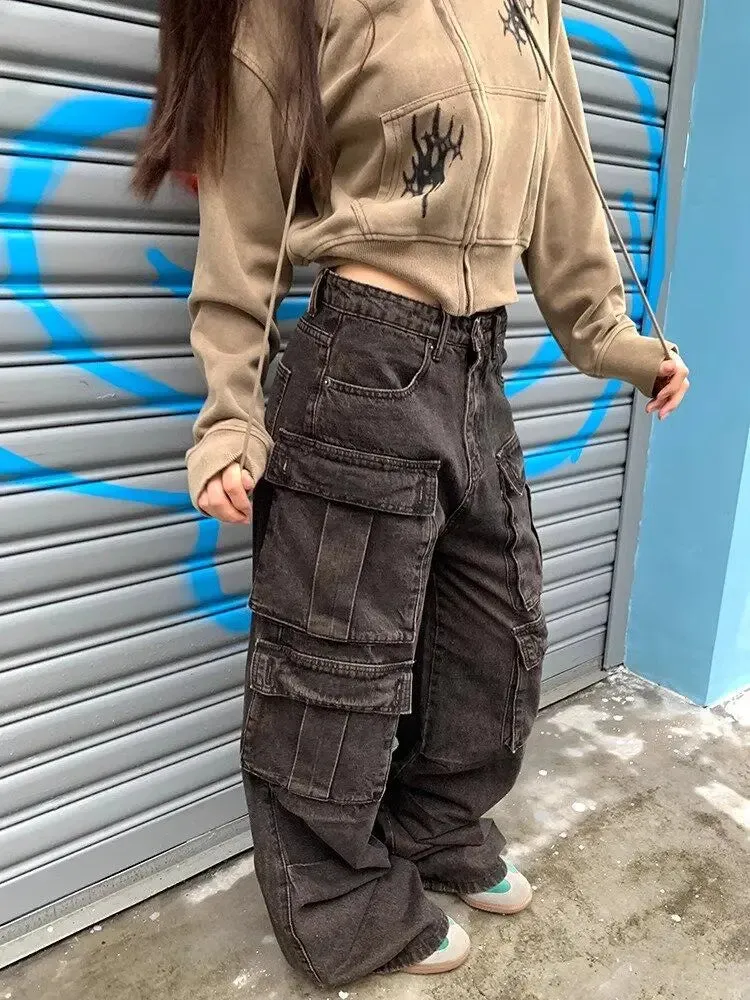 Vintage Cargo Jeans Women Fashion Pockets Old Wide Leg Denim Hip Hop Pants