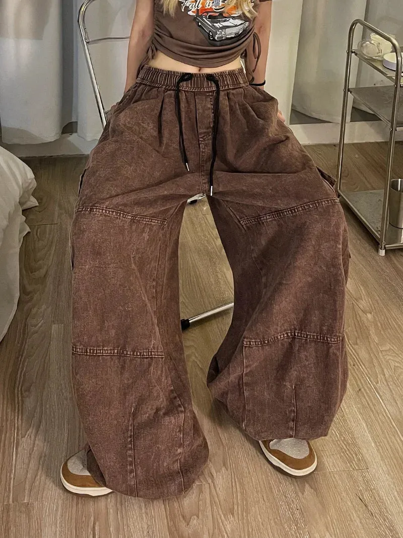 Vintage Cargo Pants Style Wide Leg Trousers Pockets Oversized Streetwear Pants