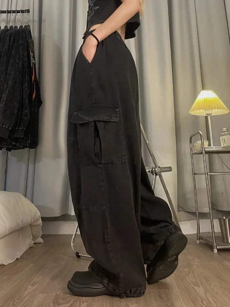 Vintage Cargo Pants Style Wide Leg Trousers Pockets Oversized Streetwear Pants