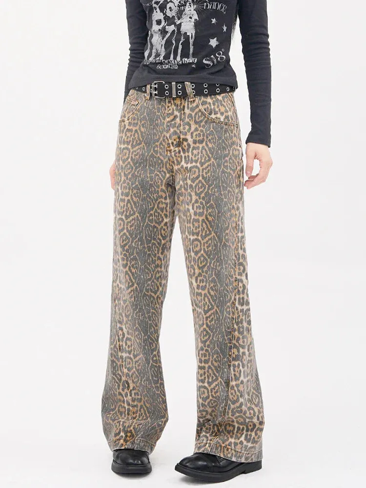 Vintage Leopard Print Wide Leg Denim Jeans