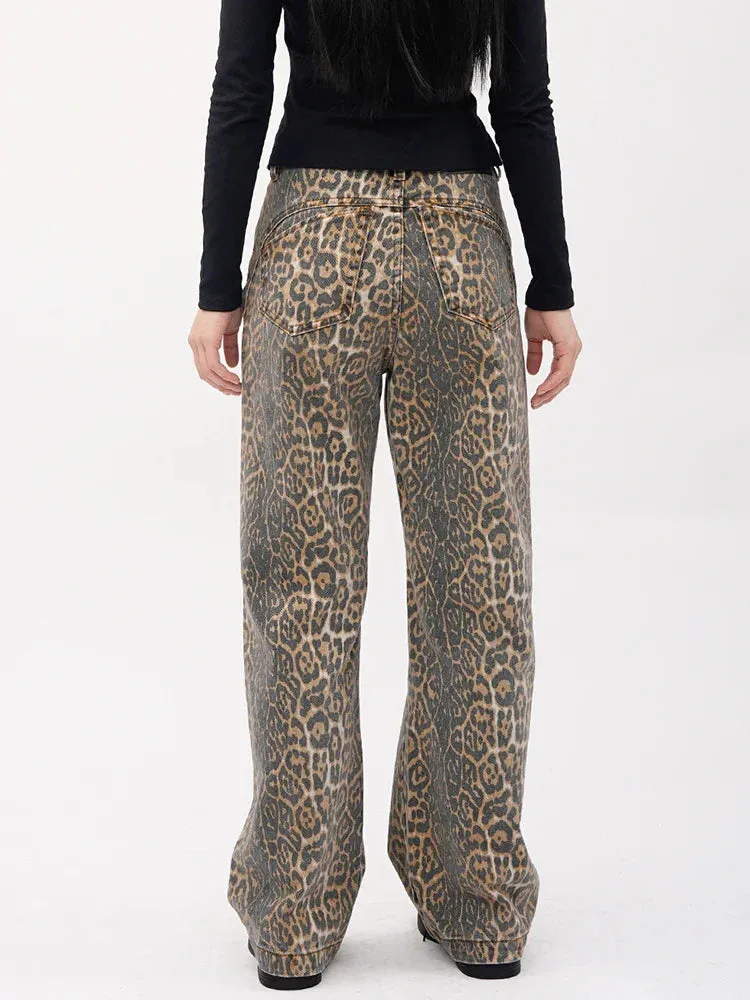 Vintage Leopard Print Wide Leg Denim Jeans