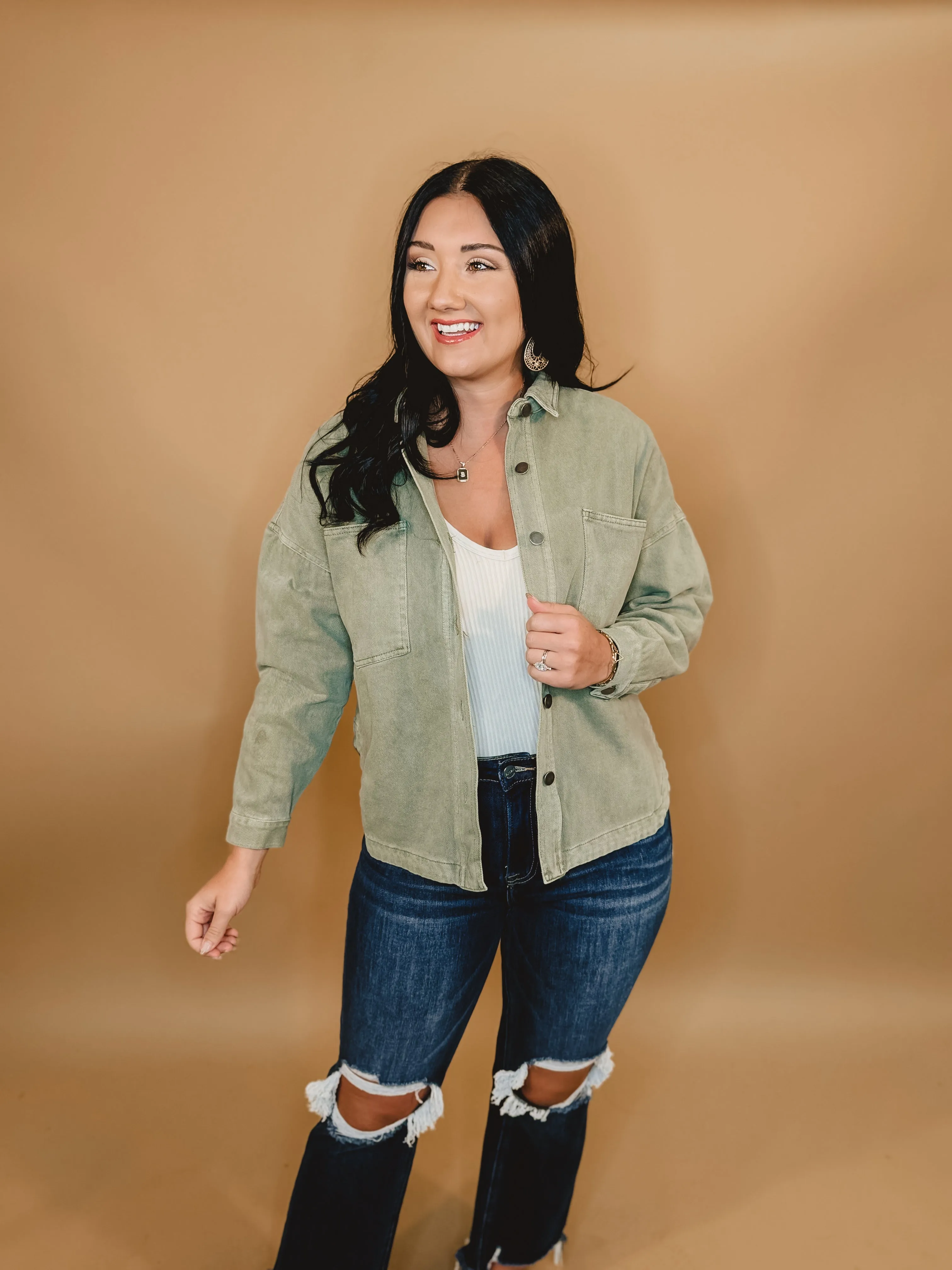 Vintage Washed Button Down Jacket - Dark Green