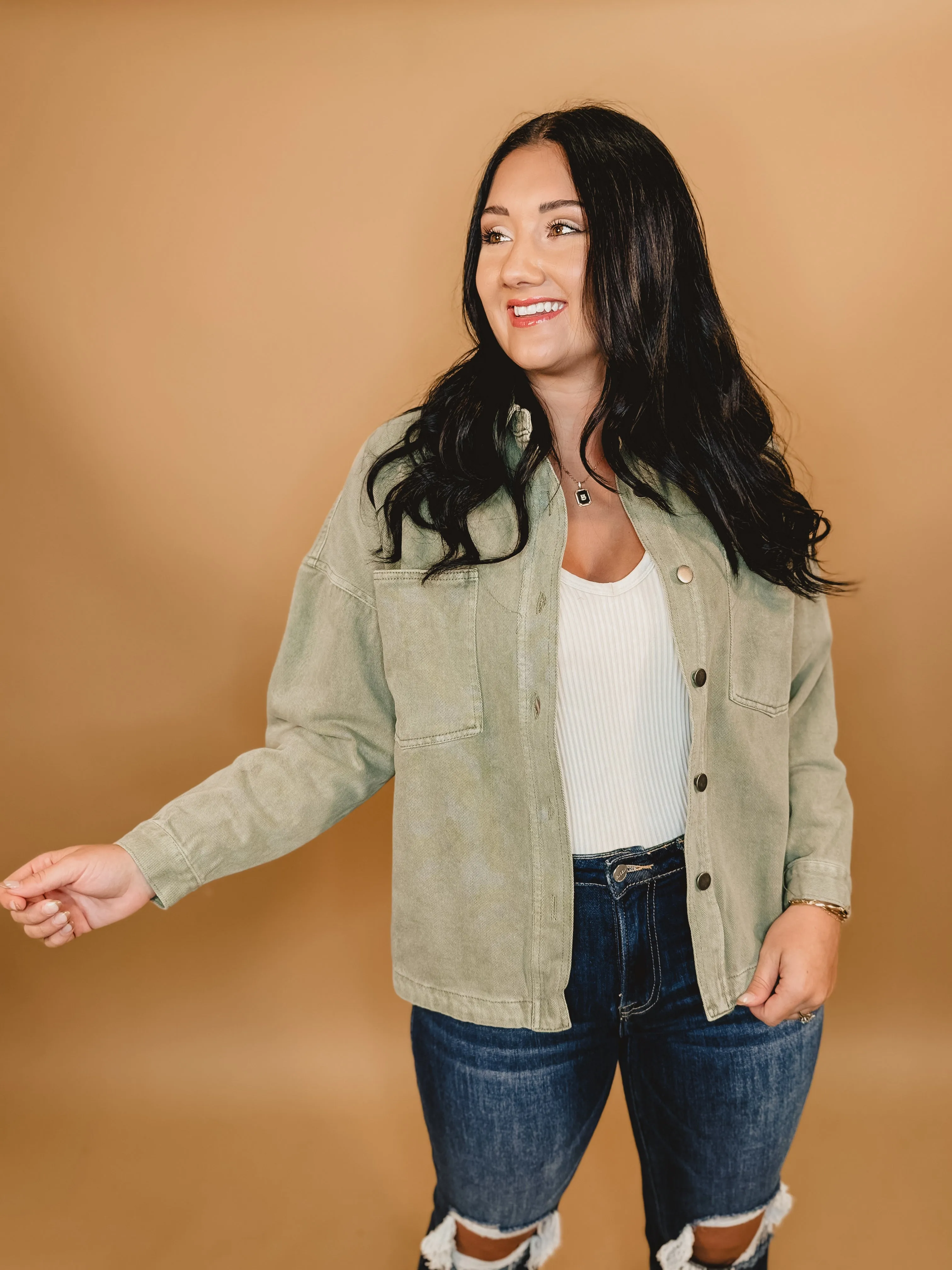 Vintage Washed Button Down Jacket - Dark Green