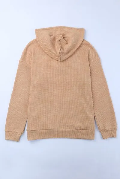 Waffle-Knit Drawstring Kangaroo Pocket Hoodie