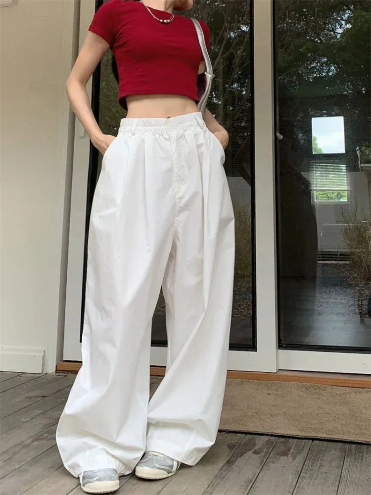 White Baggy For Women Vintage High Waist Wide Leg Jogging Pants