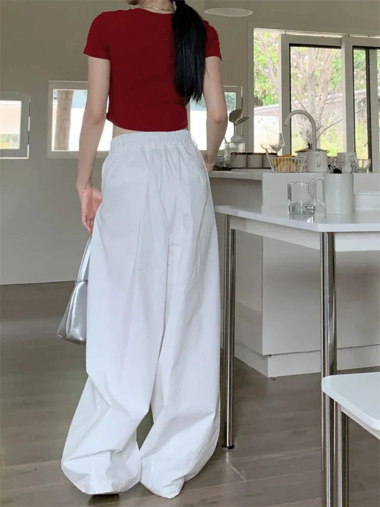 White Baggy For Women Vintage High Waist Wide Leg Jogging Pants