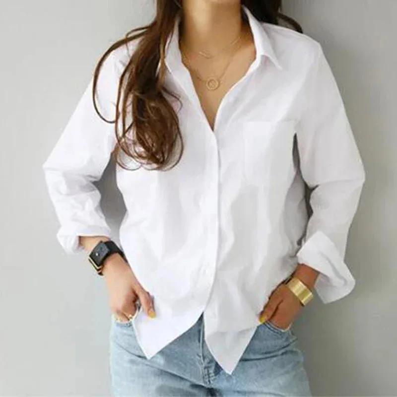 White Spring Long Sleeve Loose Blouse with Turn-down Collar