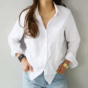 White Spring Long Sleeve Loose Blouse with Turn-down Collar