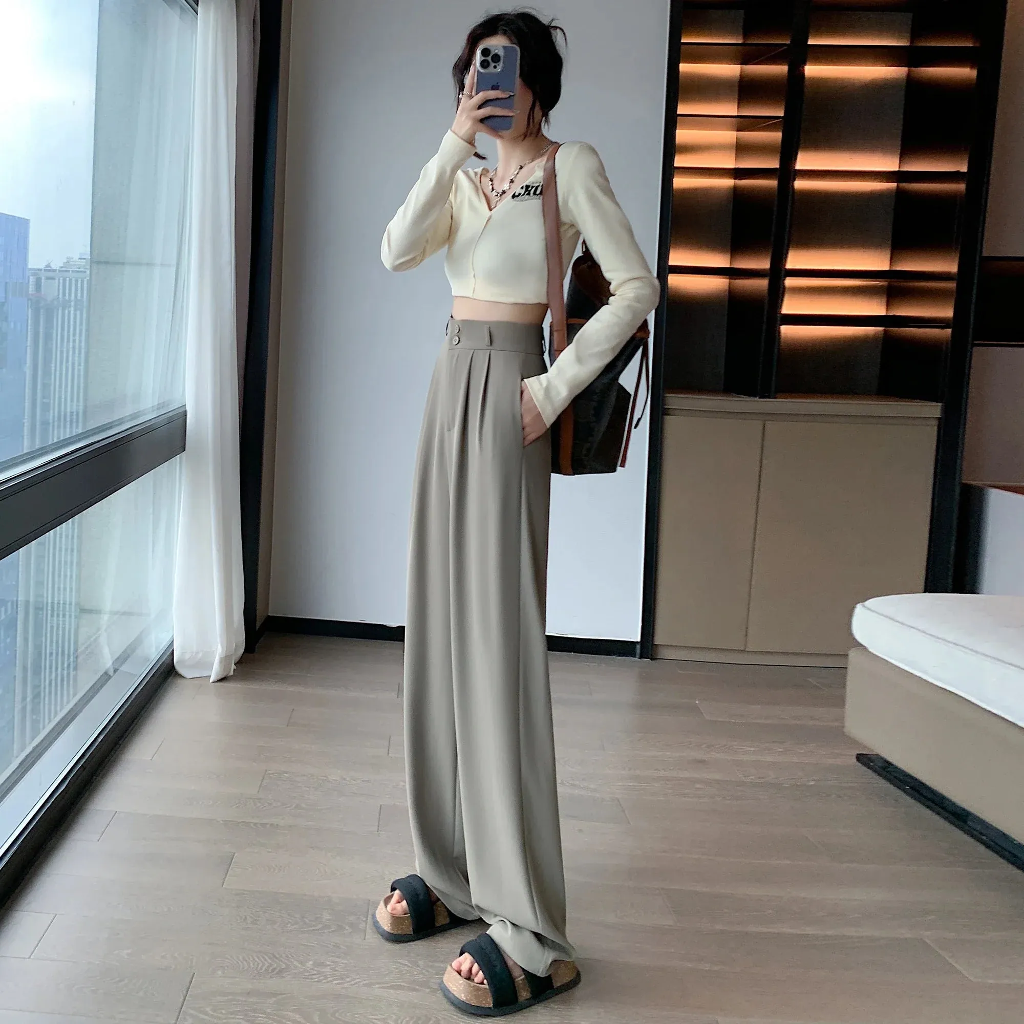 White Waisted Pants For Women 2024 New Fashion Button Up Wide Leg Office Ladies Pants