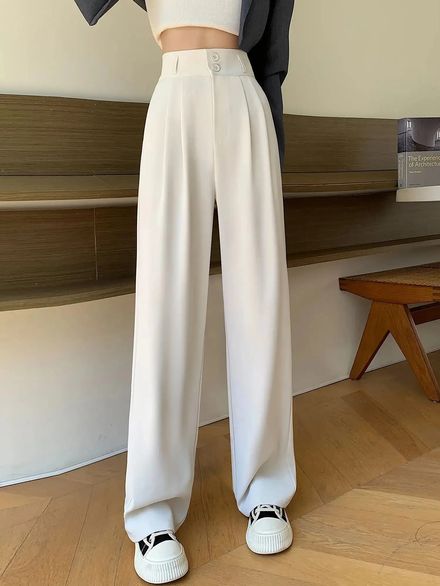 White Waisted Pants For Women 2024 New Fashion Button Up Wide Leg Office Ladies Pants