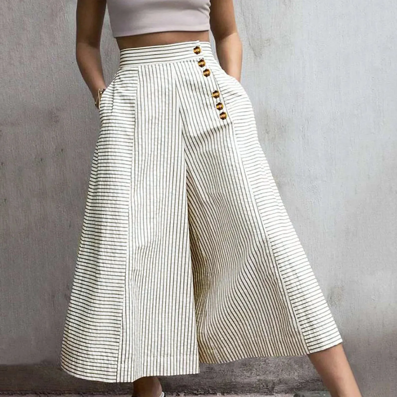 Wide Summer Irregular Striped Loose High Pocket Elastic Ankle Length Fashion Pants