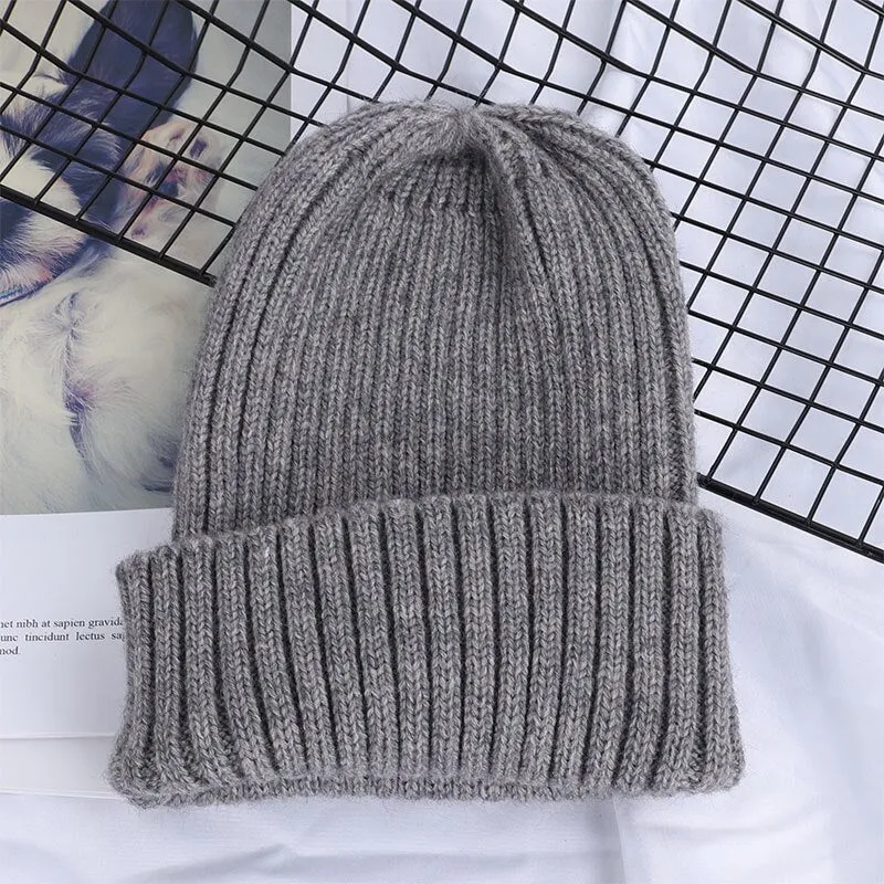 Winter Solid Color Wool Knit Beanie Women Fashion Casual Hat Warm Female Soft Thicken Hedging Cap Slouchy Bonnet Ski