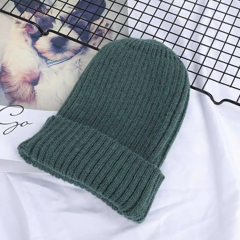 Winter Solid Color Wool Knit Beanie Women Fashion Casual Hat Warm Female Soft Thicken Hedging Cap Slouchy Bonnet Ski