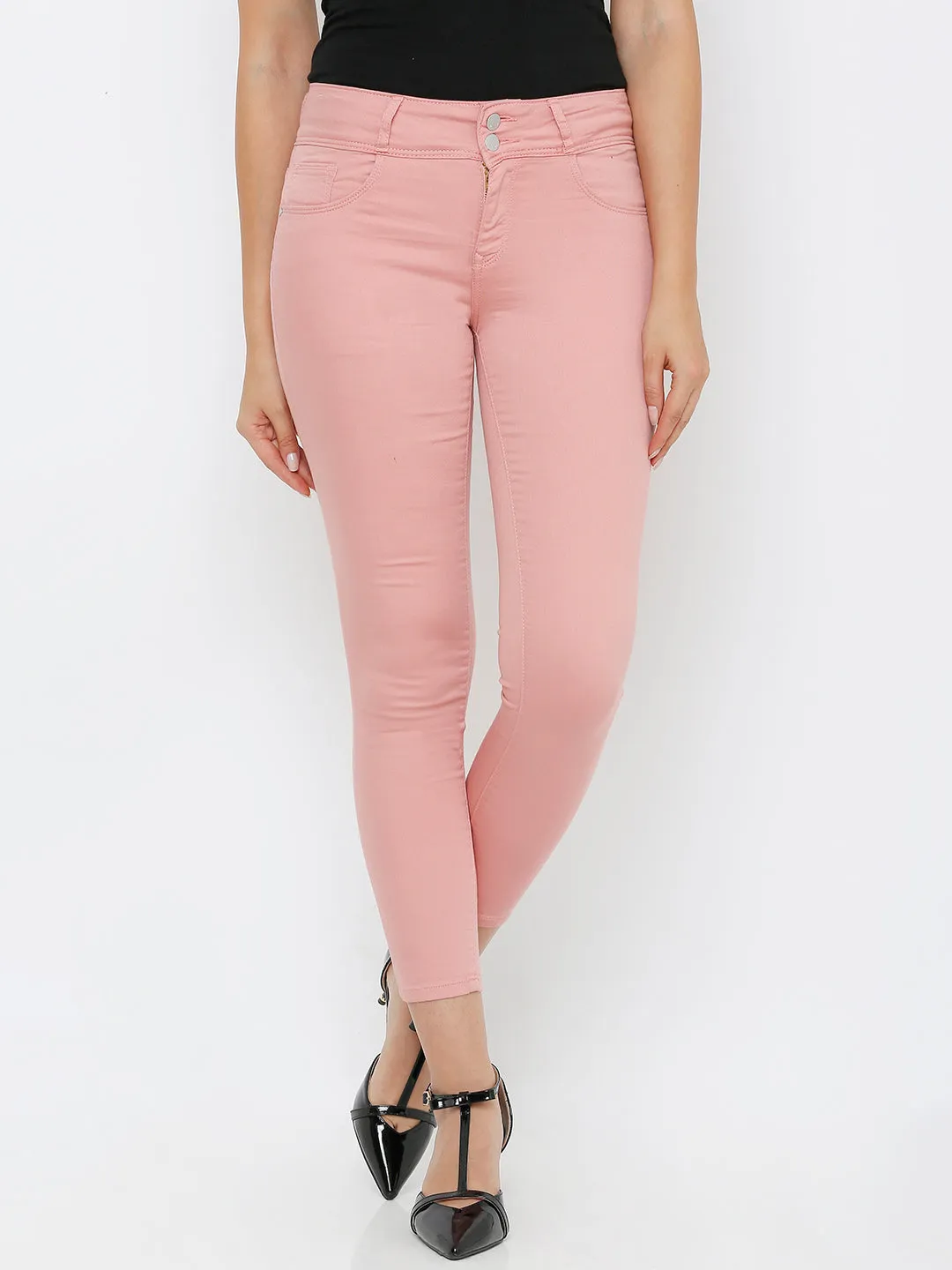 Women Blush Pink Mid-Rise Skinny Crop Length Jeans