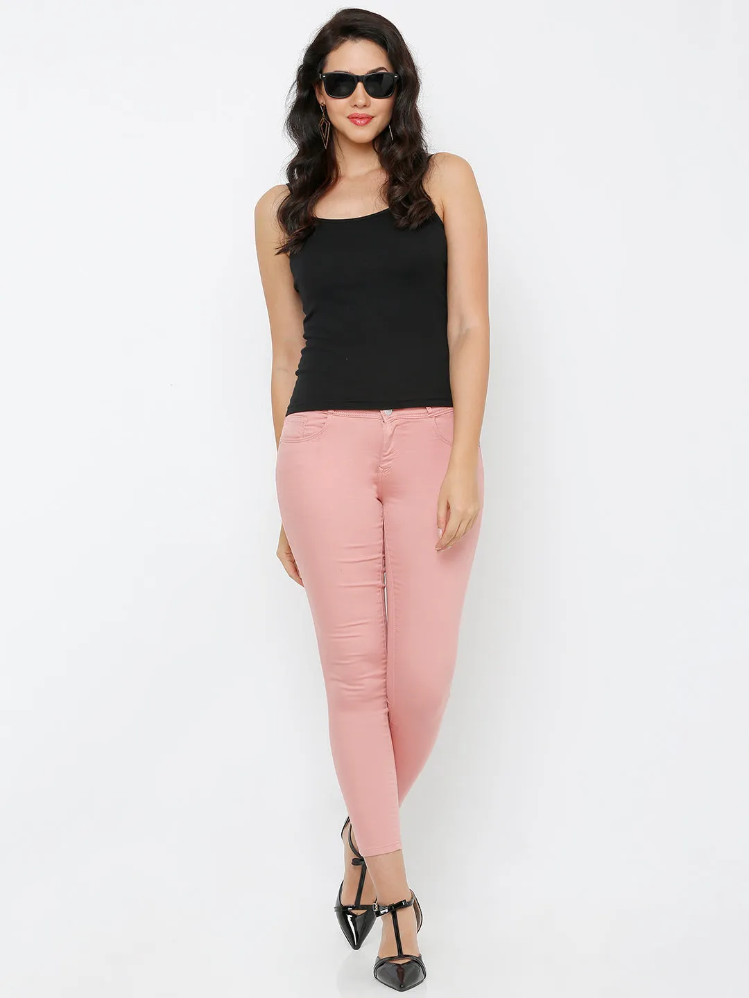 Women Blush Pink Mid-Rise Skinny Crop Length Jeans