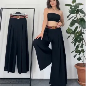 Women Clothing Back Waist Elastic High Waist Wide Leg Pants Women Casual Without Belt Pants