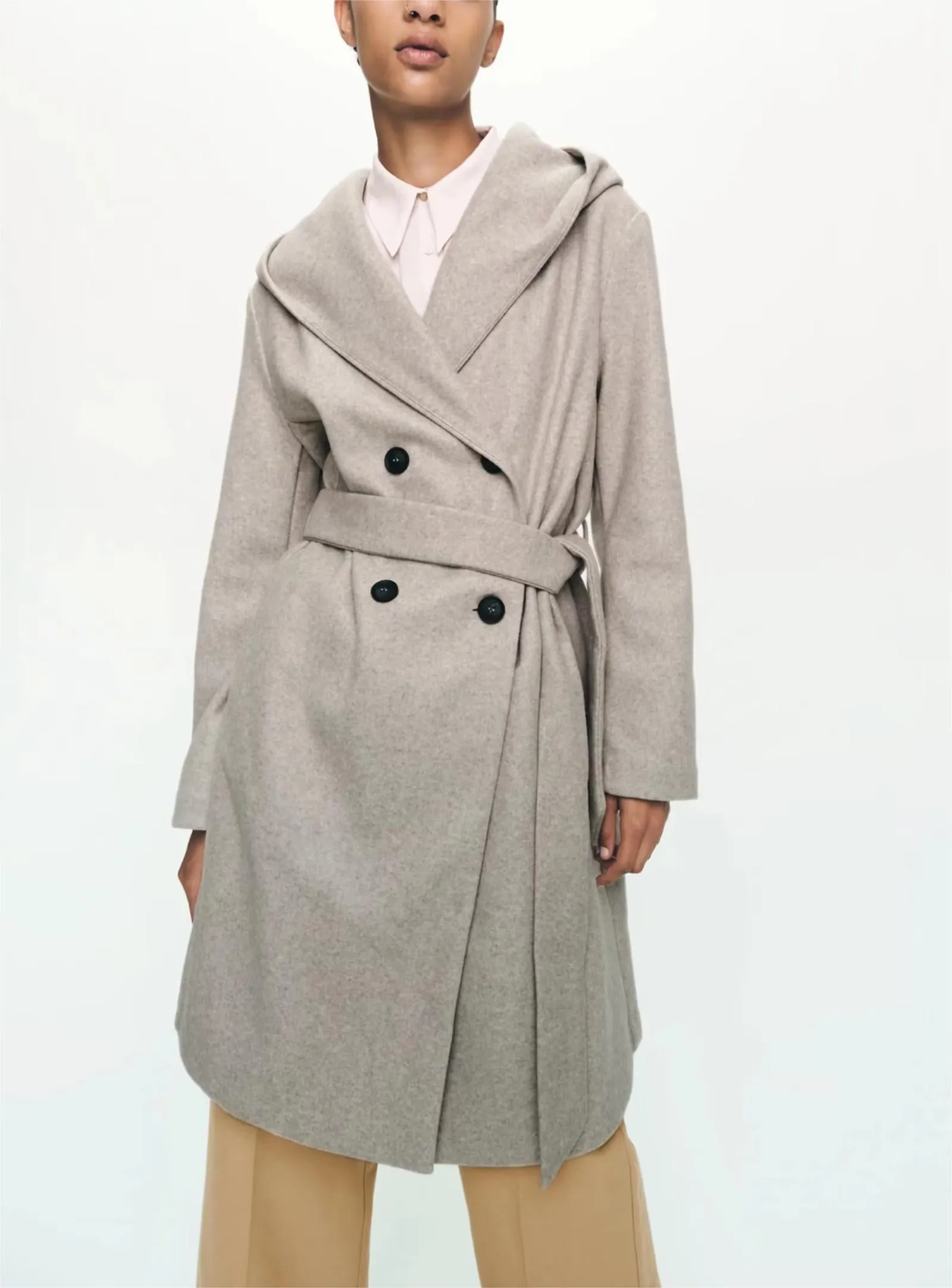 Women Clothing Belt Hooded Casual Long Sleeve Overcoat Jacket