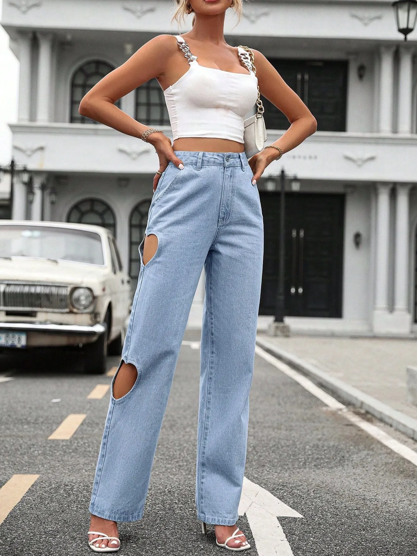 Women Clothing Retro Tattered Jeans Women High Waist Denim Wide Leg Baggy Pants