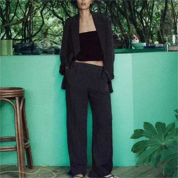 Women Clothing Wrinkle Effect Blazer Wide Leg Pants