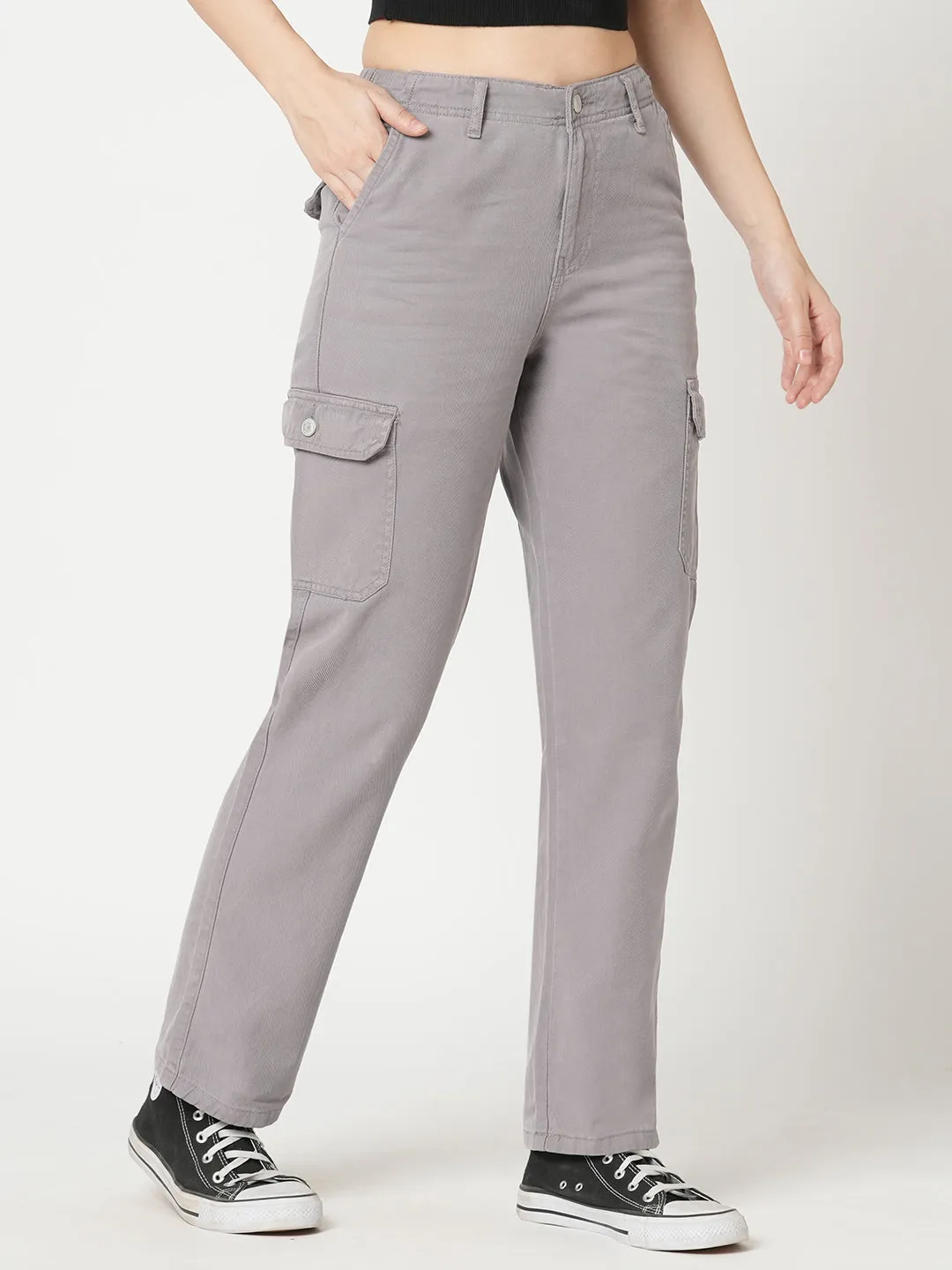 Women Oyester Grey High-Rise Cargo