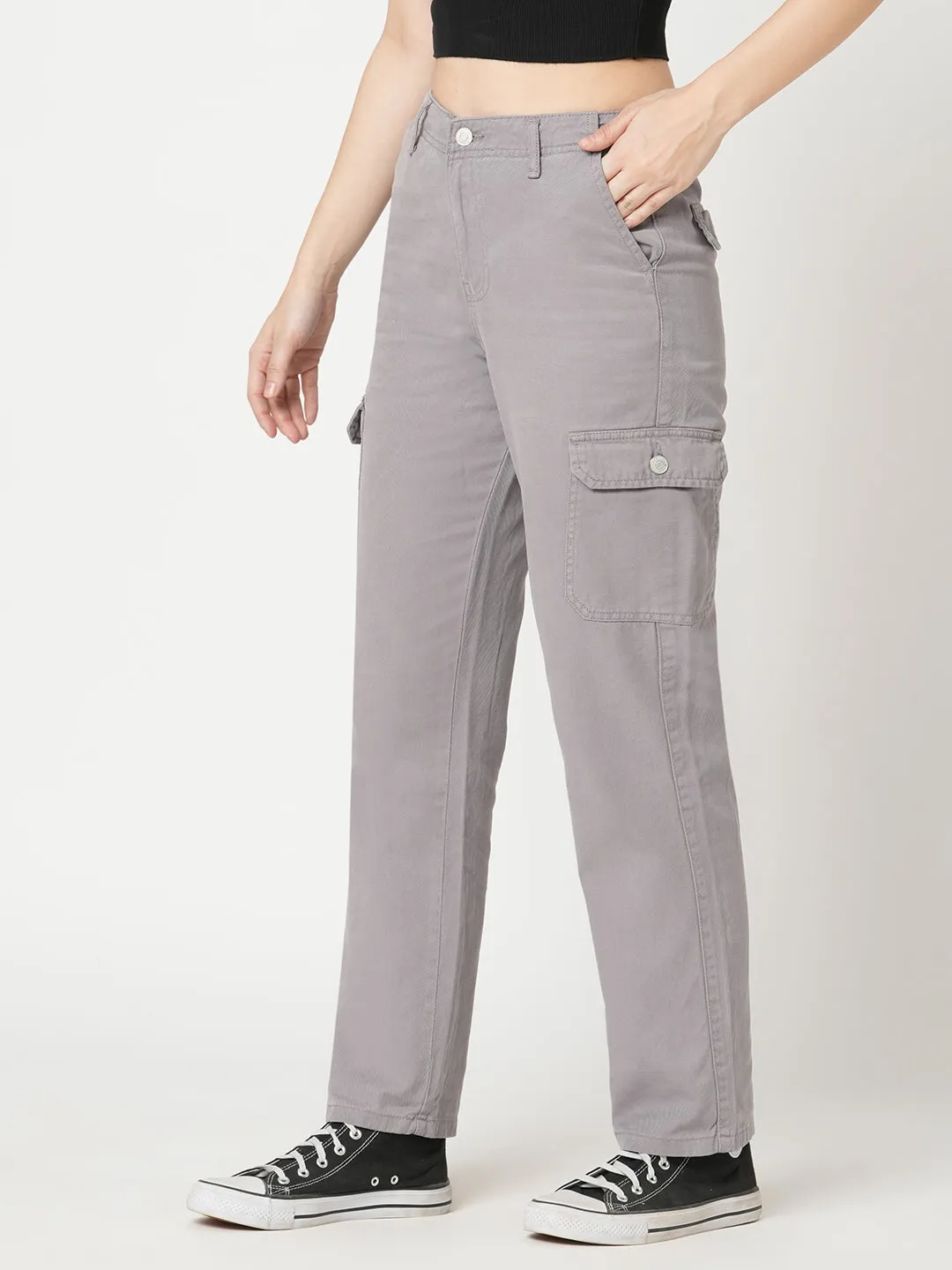 Women Oyester Grey High-Rise Cargo