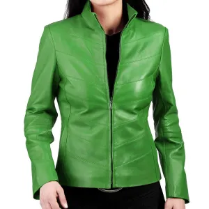 Women Quilted Slim Fit Green Leather Jacket