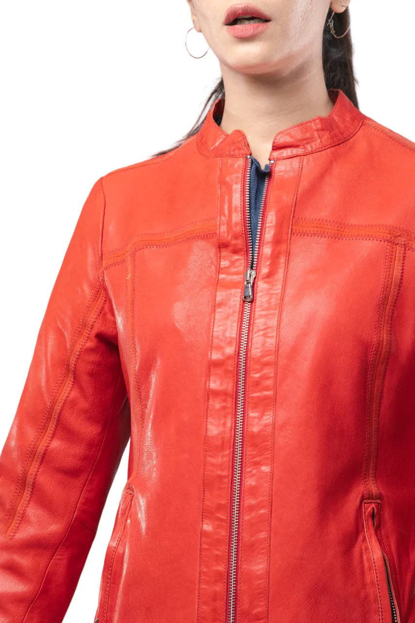 Women Red Leather Jacket Slim Fit Motorcycle Style Fashion Jacket - ELF43